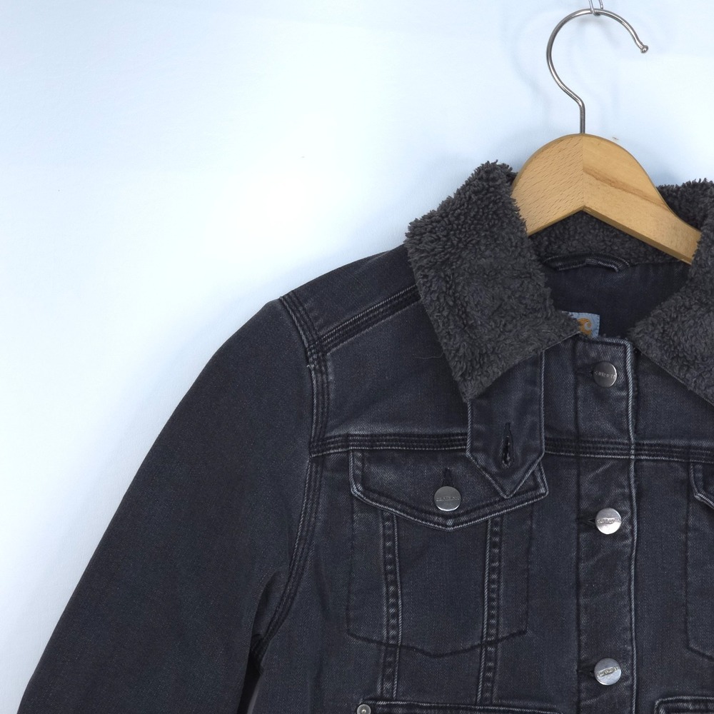 Carhartt Sherpa-Lined Duck Denim Jacket Womens Small 104424/BLK Black Chore Coat - Picture 2 of 16